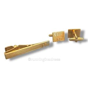 Vintage Nina Ricci Men's Gold Tone N Logo Sunburst Cufflinks & Tie Bar Set